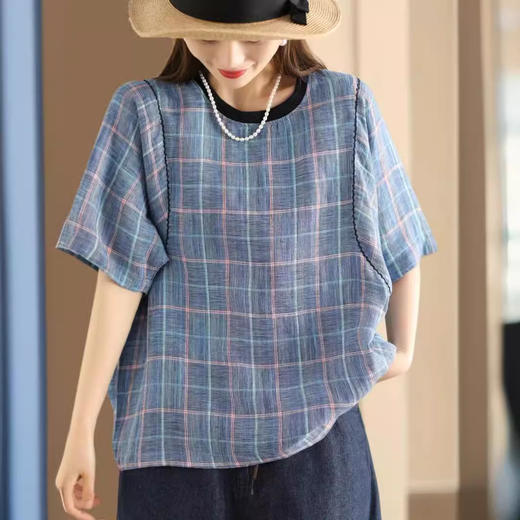 雀说新款勾线色织格纹上衣女拼接螺纹圆领短袖格子衫休闲AL727 商品图0