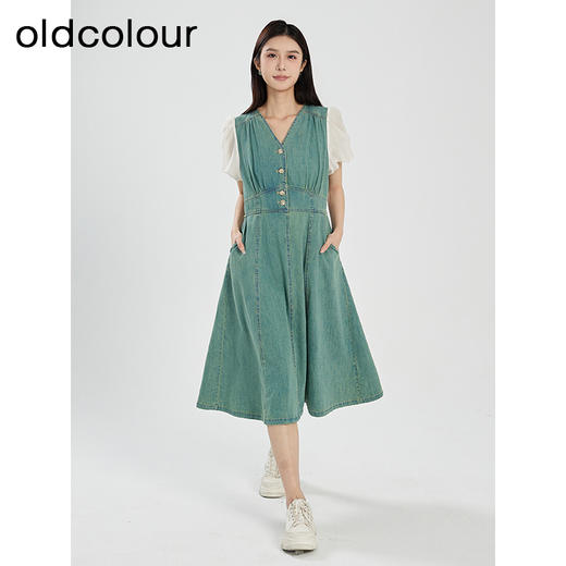 oldcolour夏季新款复古气质拼接V领中长款牛仔连衣裙女Q281023A1 商品图4