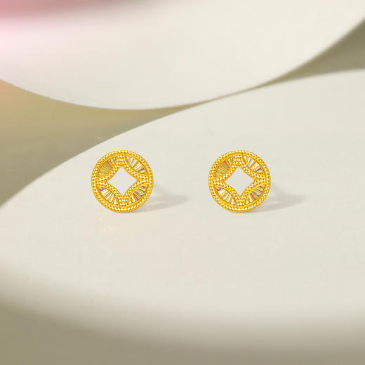 周六福5G足金黄金计价耳饰有钱必应爆闪炫彩碎碎铜钱耳钉节日礼物 商品图2