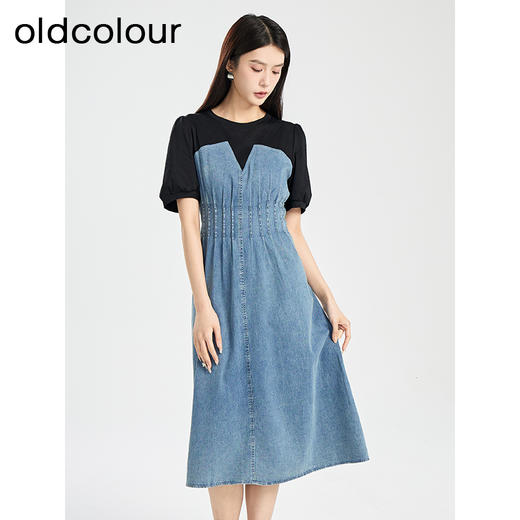 oldcolour夏季新款牛仔拼接设计感气质收腰显瘦连衣裙女Q281012A1 商品图3