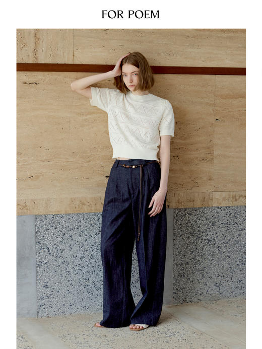 ForPoem 现货 25/SS原创设计泡泡袖提花系带短袖针织衫 商品图1