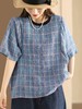 雀说新款勾线色织格纹上衣女拼接螺纹圆领短袖格子衫休闲AL727 商品缩略图3
