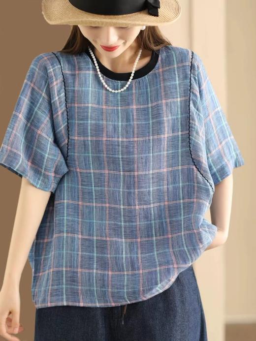雀说新款勾线色织格纹上衣女拼接螺纹圆领短袖格子衫休闲AL727 商品图3