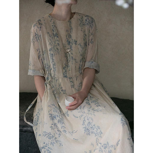 牧衣游原创 印花丝棉连衣裙新品显瘦轻薄浪漫气质文艺长裙 幽篁碧 商品图1