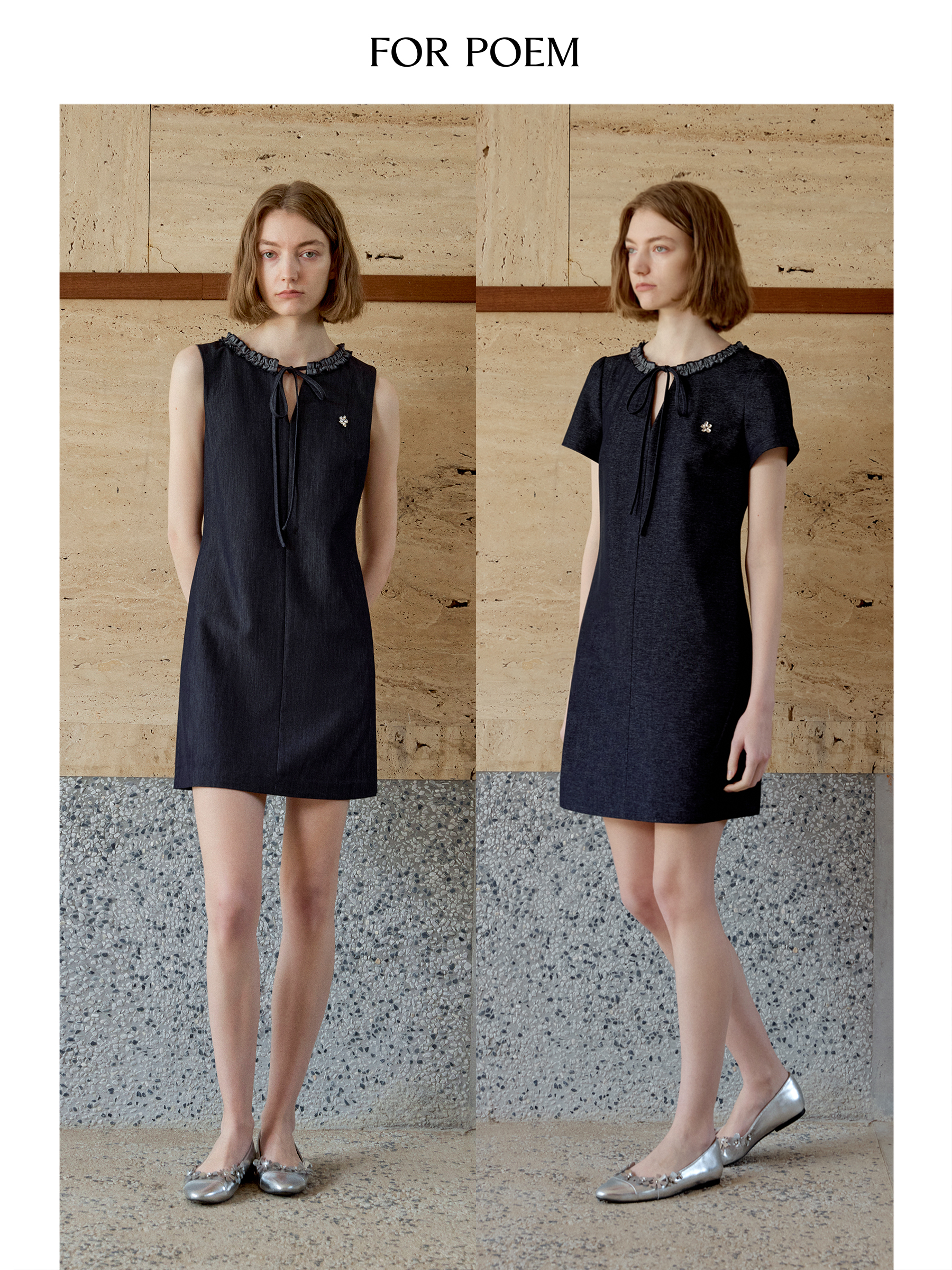 ForPoem 现货 25/SS原创设计牛仔肌理收腰显瘦花边绑带连衣裙