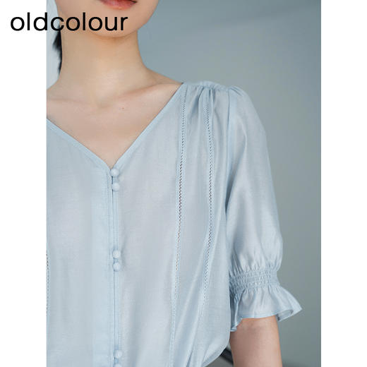 oldcolour夏季新款纯色简约宽松V领薄款百搭短袖衬衫女Q250102A1 商品图5