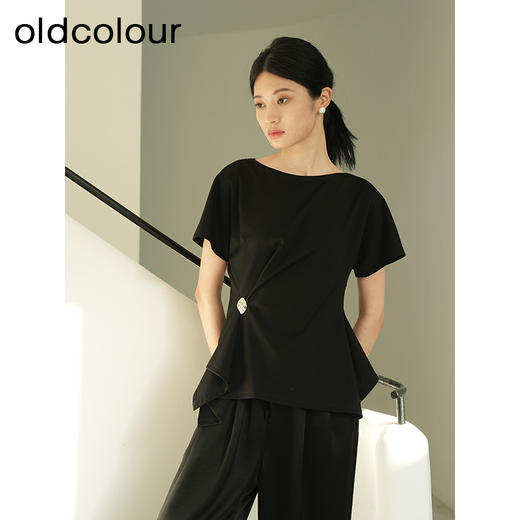 oldcolour夏季新款黑色简约时尚设计感百搭短袖T恤女Q230201A1 商品图3