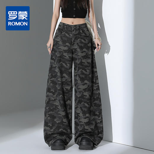 罗蒙四季款女士牛仔裤高腰显瘦阔腿长裤时尚迷彩百搭裤子休闲通勤长裤 商品图0