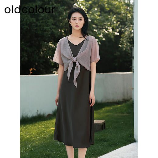 oldcolour夏季新款优雅气质设计感简约吊带连衣裙两件套女Q221016A1 商品图0