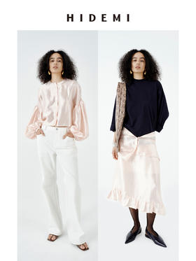HIDEMI 极简设计感泡泡袖定染柔雾粉桑蚕丝混纺再生纤维廓形感套装 衬衫/半裙