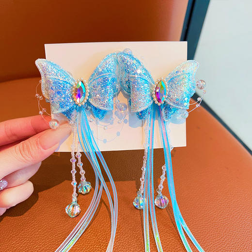 【精美飘带设计，宝宝造型亮眼！】蓝色蝴蝶冰雪发夹 布艺儿童不伤发 公主头饰飘带蝴蝶结 宝宝头饰-QQ 商品图5