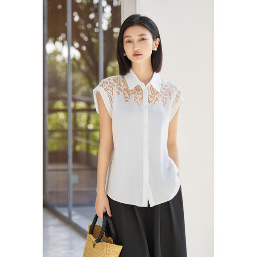 剩S/M/L/XL 米思阳2025夏季新款简约气质亚麻衬衣无袖直筒蕾丝拼接百搭衬衫上衣女1729 商品图3