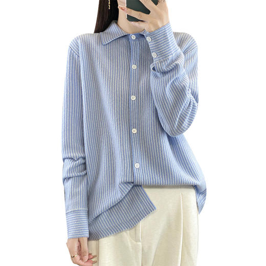 雀说新款羊毛开衫女polo领韩版宽松条纹衬衫显瘦气质打底针织衫AL 商品图4
