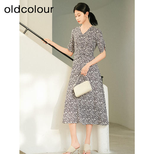 oldcolour夏季新款优雅气质高腰显瘦V领短袖碎花连衣裙女Q241007A1 商品图2