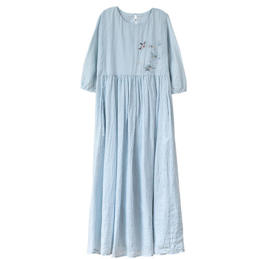 牧衣游原创 手工刺绣苎麻连衣裙清凉透薄蓝色文艺长裙 半空烟雨 商品图4