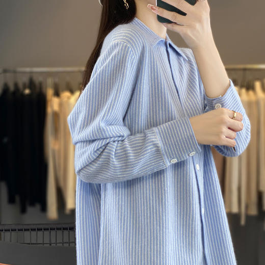 雀说新款羊毛开衫女polo领韩版宽松条纹衬衫显瘦气质打底针织衫AL 商品图2