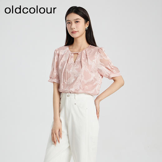 oldcolour夏季新款新中式印花肌理感宽松短袖套头衬衫女Q280110A1 商品图1