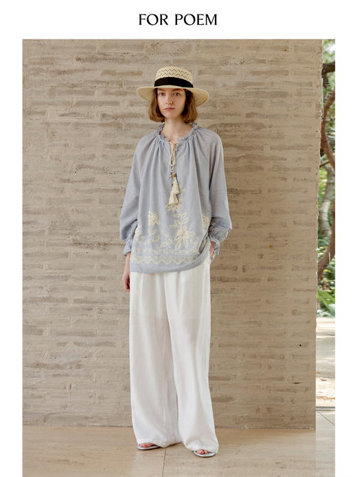 ForPoem 现货 25/SS原创设计100棉泡泡袖系带花朵刺绣度假风罩衫 商品图1