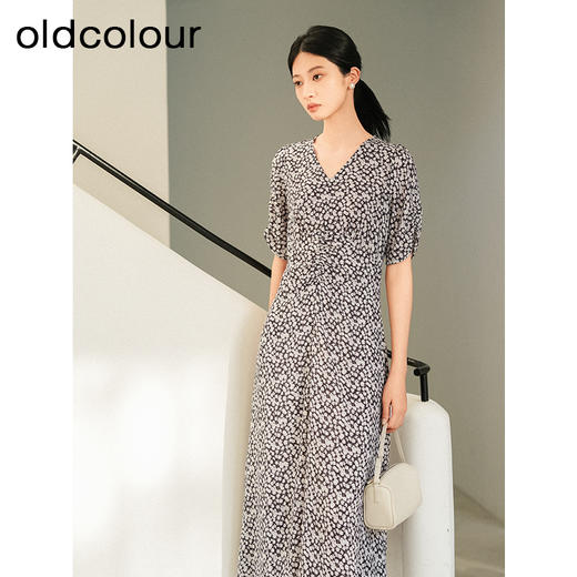 oldcolour夏季新款优雅气质高腰显瘦V领短袖碎花连衣裙女Q241007A1 商品图1