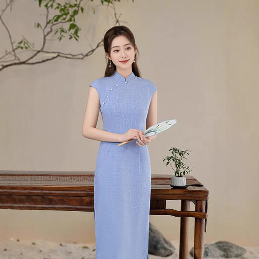 2025新款夏季复古国风气质修身显瘦纯色日常中长款旗袍GSJ9398 商品图1