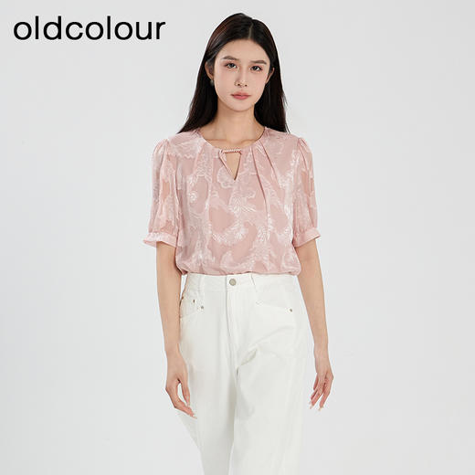 oldcolour夏季新款新中式印花肌理感宽松短袖套头衬衫女Q280110A1 商品图0