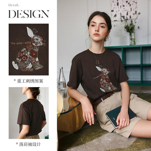 OLrain欧芮儿2025夏季新款重工刺绣咖色休闲宽松T恤气质圆领上衣 商品图1