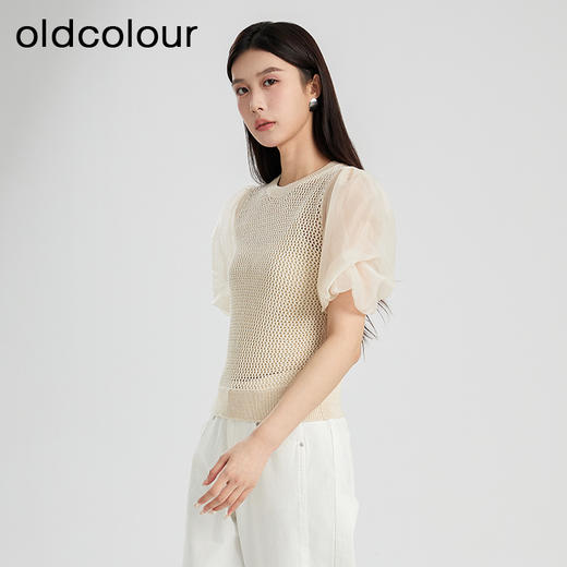 oldcolour夏季新款设计感泡泡袖镂空网状短款套头上衣女Q230507A1 商品图1