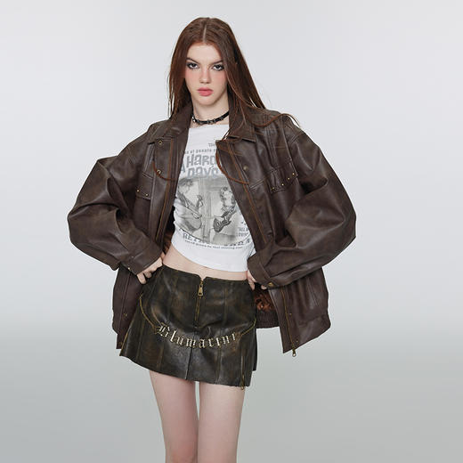 IC 美拉德柳钉短外套上衣秋冬新款美式复古皮衣女短款皮夹克 商品图3