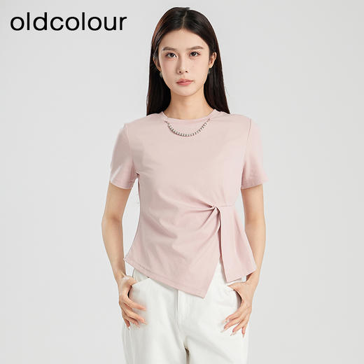 oldcolour夏季新款白色简约设计感褶皱百搭短袖T恤女Q280202A1 商品图1