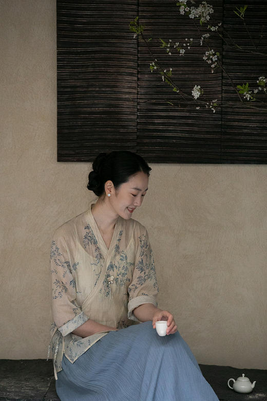 牧衣游原创 机绣印花丝棉短外套斜襟系带复古新中式开衫 茗茶香 商品图5