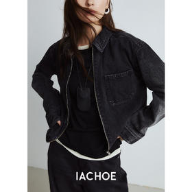 棉仓3561507002-IACHOE春季美式黑色小众短款牛仔外套复古翻领