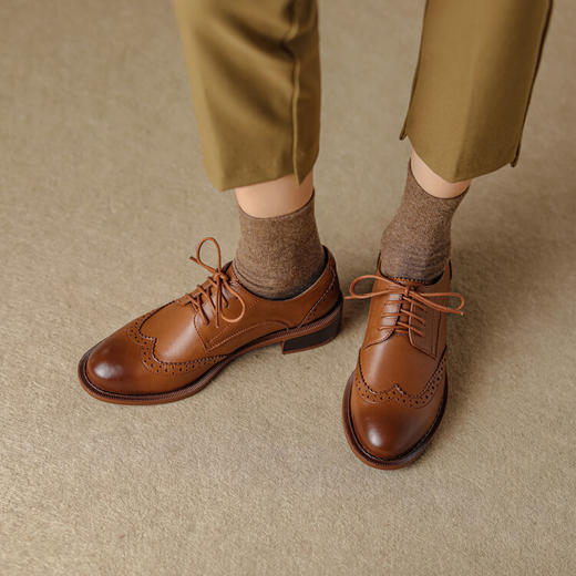 丁摩 英伦风雕花布洛克鞋春镂空牛皮小皮鞋圆头低跟系带短靴女5ZF-3312 商品图2