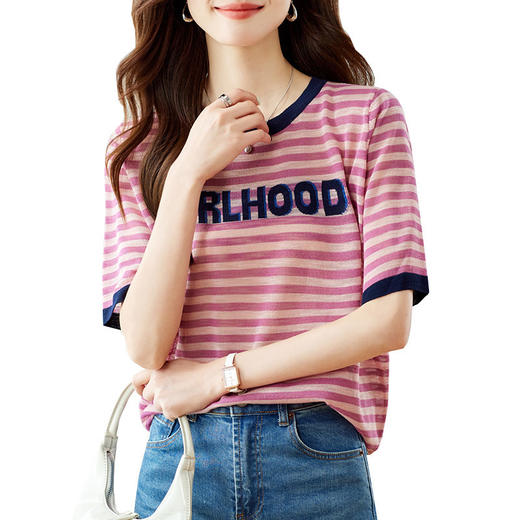 雀说撞色条纹短袖T恤女新款字母印花圆领减龄少女感上衣AL45062 商品图4
