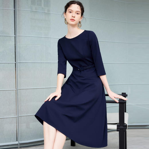 IWY/大方得体连衣裙新款今年流行爆款藏青色法式圆领中长款伞裙Q1265 商品图3