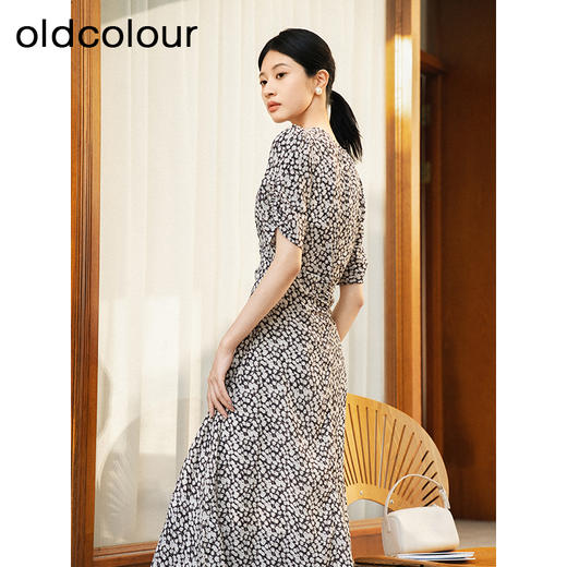 oldcolour夏季新款优雅气质高腰显瘦V领短袖碎花连衣裙女Q241007A1 商品图4