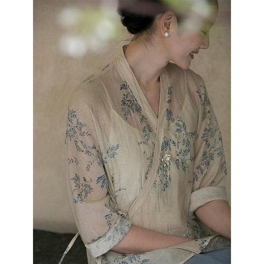 牧衣游原创 机绣印花丝棉短外套斜襟系带复古新中式开衫 茗茶香 商品图3