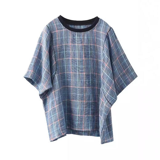 雀说新款勾线色织格纹上衣女拼接螺纹圆领短袖格子衫休闲AL727 商品图2