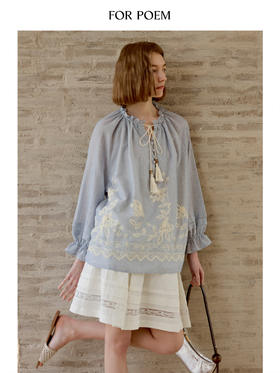 ForPoem 现货 25/SS原创设计100棉泡泡袖系带花朵刺绣度假风罩衫
