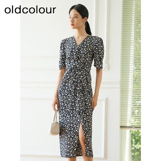 oldcolour夏季新款优雅气质高腰V领短袖碎花连衣裙女Q281018A1 商品图3