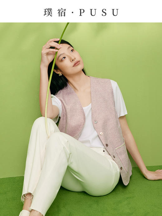 55192  璞宿PUSU 浮光 定织亚麻鎏金V领珠绣马甲  商品图8