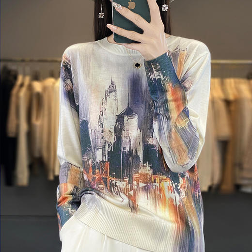 丁摩 春夏新款薄款精纺羊毛拼接桑蚕丝圆领长袖针织衫女5ZF-2345 商品图3