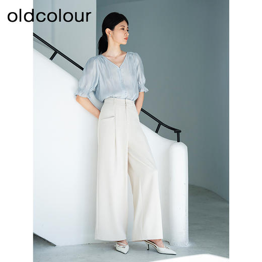 oldcolour夏季新款纯色简约宽松V领薄款百搭短袖衬衫女Q250102A1 商品图2