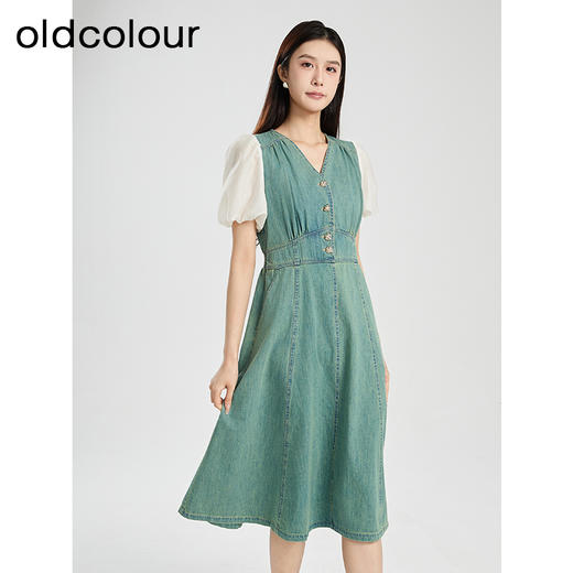 oldcolour夏季新款复古气质拼接V领中长款牛仔连衣裙女Q281023A1 商品图2
