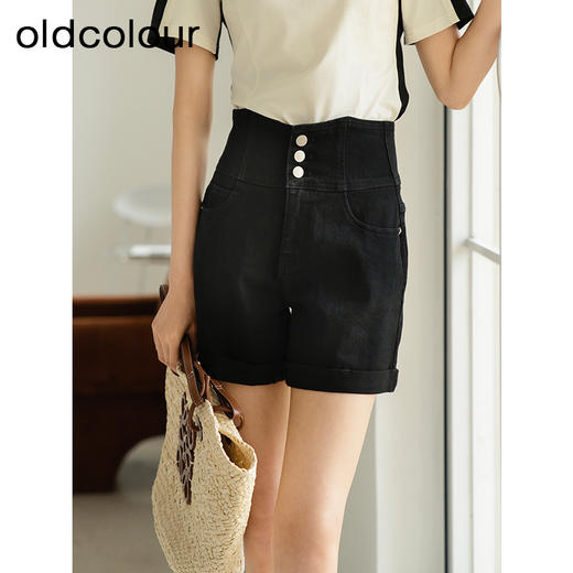 oldcolour夏季新款纯色简约休闲高腰百搭直筒牛仔短裤女Q221101A1 商品图1