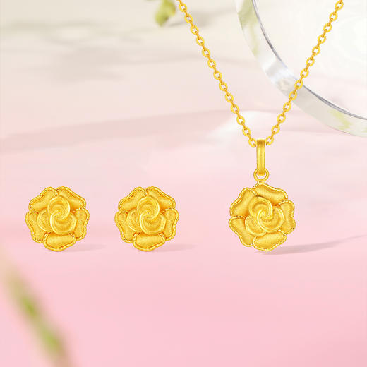 周六福黄金5G计价足金吊坠耳钉复古绽放丝绒玫瑰挂坠耳饰节日礼物 商品图1