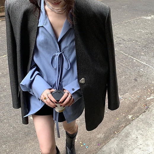 【樱西玛ENXIMANE 设计感蝴蝶结衬衫】可单穿/叠穿可开衫 舒适不易变形 蝴蝶结绑带更有设计感 商品图3