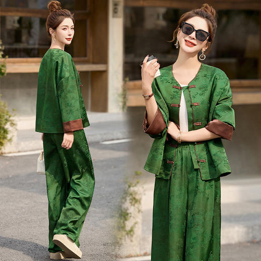雀说 新中式两件套裤春季新款女装国风盘扣提花复古时尚套装5ZF-2512 商品图0