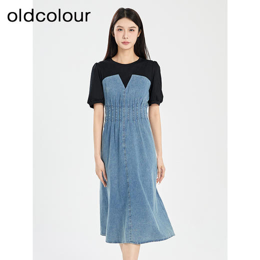 oldcolour夏季新款牛仔拼接设计感气质收腰显瘦连衣裙女Q281012A1 商品图0