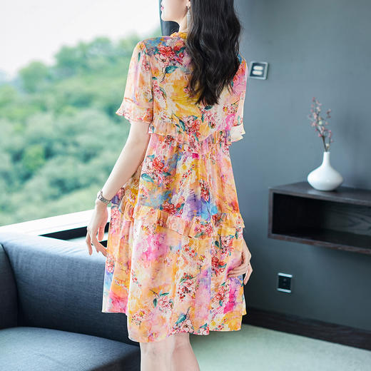 丁摩 雨后彩虹夏装新款真丝连衣裙小个子宽松遮肉显瘦桑蚕丝A字裙5ZF-69358 商品图3