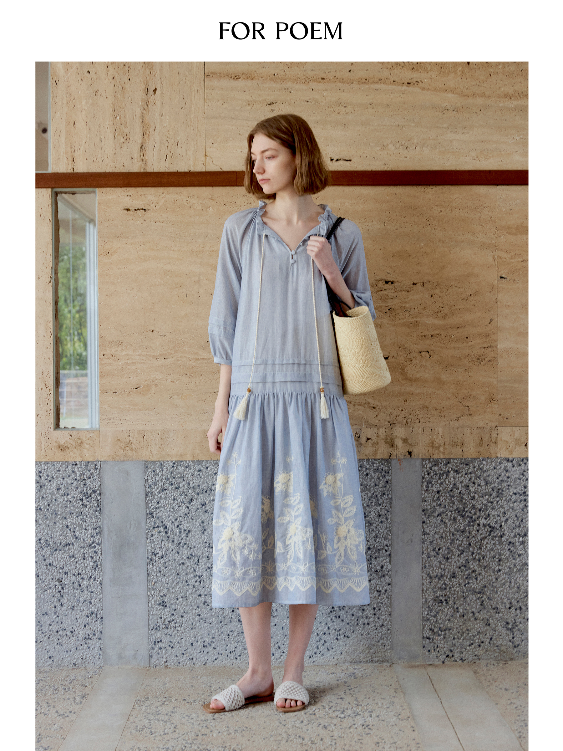 ForPoem 现货 25/SS原创设计100棉落肩泡泡袖花朵刺绣系带连衣裙